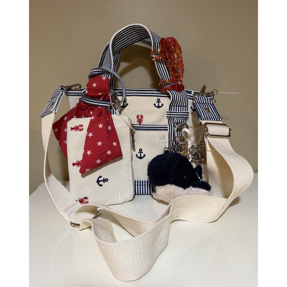 Madden Girl Anchors/Nautical Mini Tote Bag with Whale Charm & Lobster Hairclip